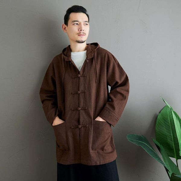 

men's chinese style button loose casual cotton linen long sleeve hooded cardigan jacket spring autumn vintage shirt coat for man jacket, Black;brown