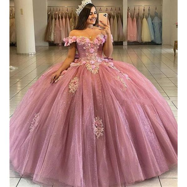 Affascinanti abiti Quinceanera con spalle scoperte Fiori 3D rosa Abito da ballo Sweet 16 Vestido de Fiesta