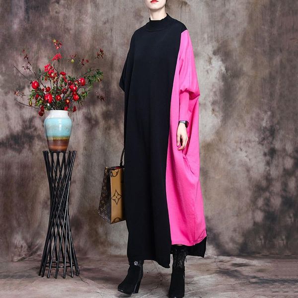 

casual dresses winter large size long bat sleeve splicing sweater over the knee age reduction middle length knit dress, Black;gray