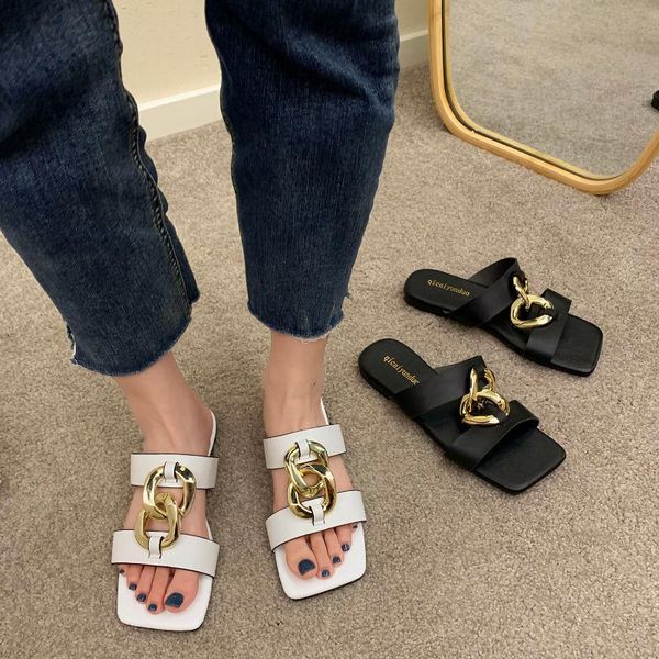 

slippers women slippersopen toe flat casual shoes comfortable sandal female fashion metal decoration vacation beach flip flops, Black