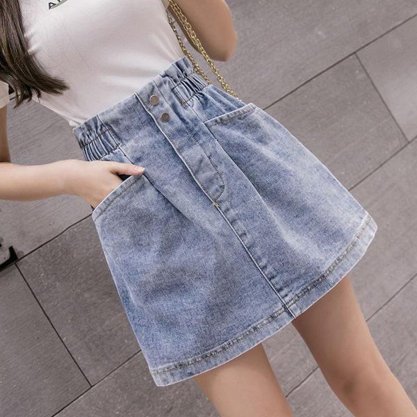 

skirts elastic high waist denim 2021 summer woman mini jean pockets casual streetwear female button a-line black