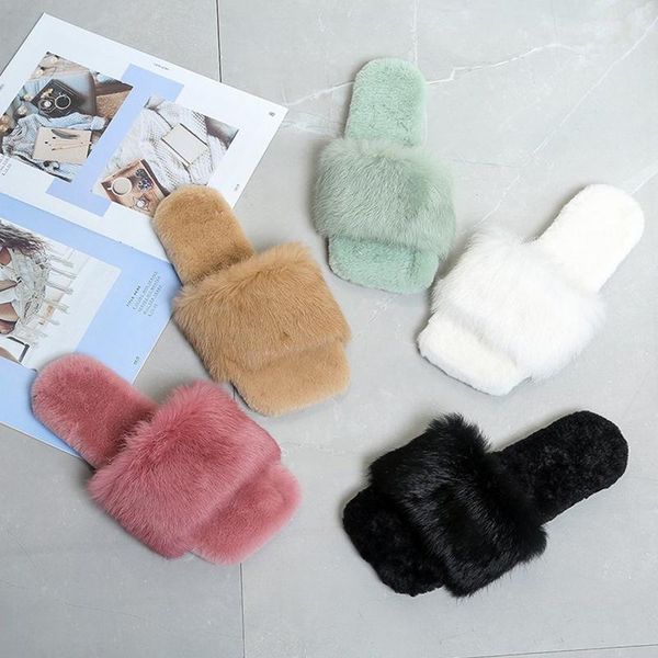 

winter fashion women slippers faux fur solid color slip-on warm comfortable flats female slides casual home shoes, Black