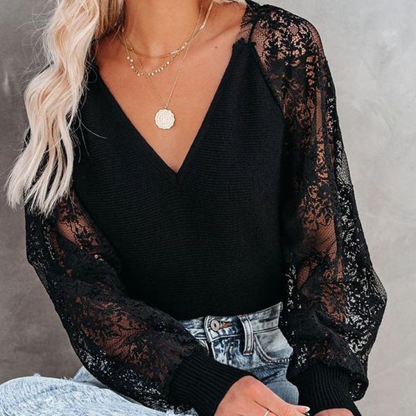 

women's blouses & shirts autumn casual long sleeve patchwork lacewomen fashion see through elegant v neck embroidery flower pullover, White