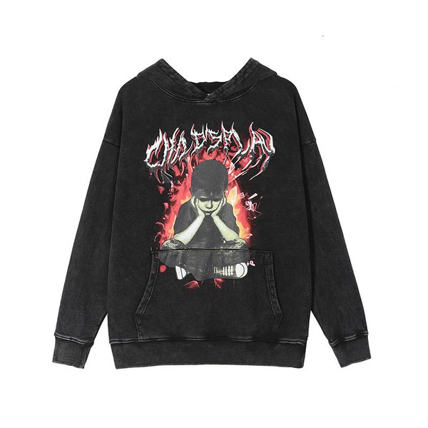 

men's hoodies & sweatshirts punk sad kid graphic print retro wash mens oversized pullover vintage clothes hooded los hombres male pcf8, Black
