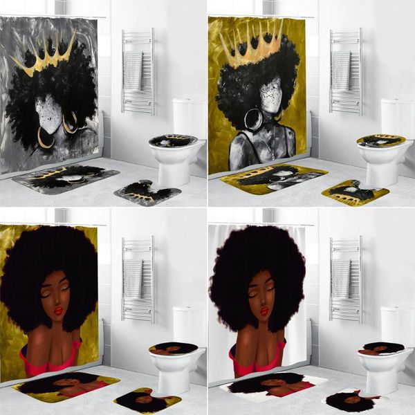 

shower curtains african american women curtain set bath mat golden crown afro girl toilet cover bathroom