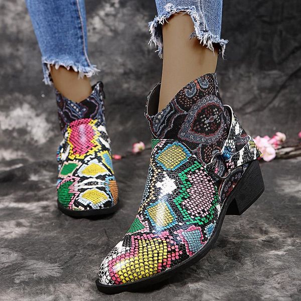 

women's embroidered zip ankle boots women snake print pumps ladies mix color female low heel shoes 2021 autumn plus size, Black