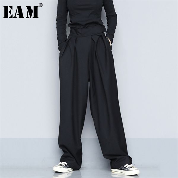 [EAM] Высокая талия черные короткие плиссированные длинные широкие брюки ноги свободные подходящие брюки мода весна осень 1S399 211112