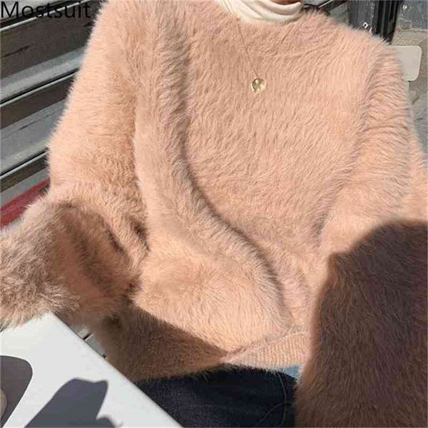 

winter furry thicken oversized knitted sweater pullover women long sleeve o-neck casual loose fashion korean sweaters 210513, White;black