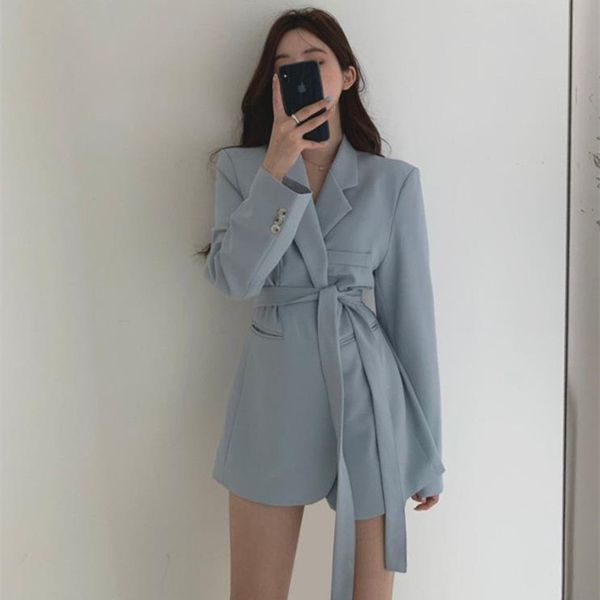 

autumn elegant solid women blazer work wear formal loose office lady suit jacket female with belt 210421, White;black