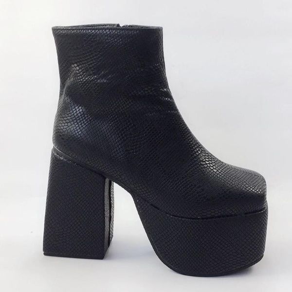 

boots moraima snc fashion strange heels woman black snakeskin leather thick riding punk style square toe ankle