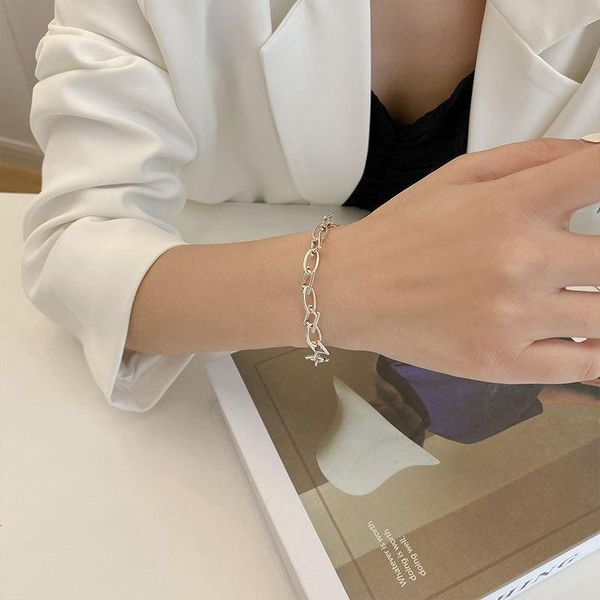 

link, chain fmily retro 925 sterling silver geometric irregular hollow bracelet simple ot buckle hip hop jewelry gift for girlfriend, Black