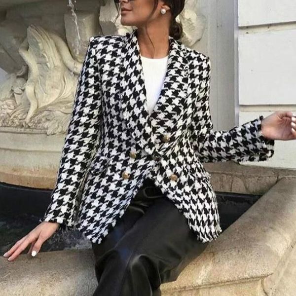 

autumn winter women jacket houndstooth print slim waist for elegant office lady coat and women's jackets, Black;brown
