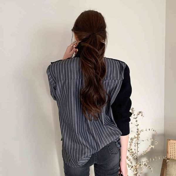 

women's sweaters suÃ©ter feminino listrado com botÃµes laterais, camisa falsa de duas peÃ§as gola alta, irmÃ£ fara, primavera e outono, White;black