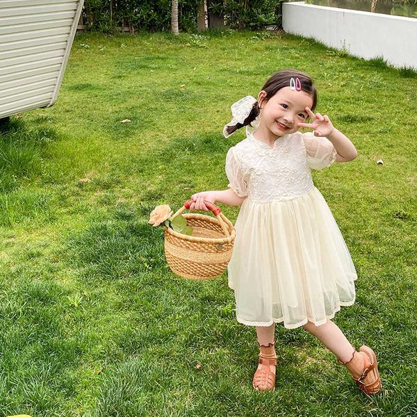 

girls embroidery floral patchwork mesh princess dress summer kids chinese style short sleeve dresses 210615, Red;yellow