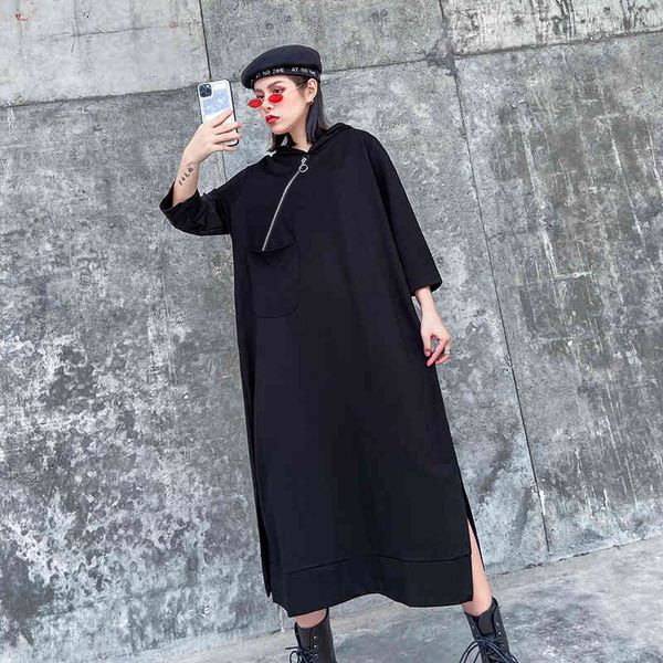 

2021 women black zipper draped maxi vintage dress long sleeve women's dresses q451, Black;gray