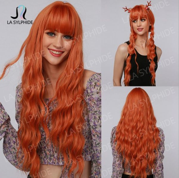 

synthetic wigs red long curly brand air bangs, Black