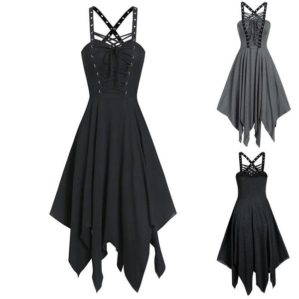 

casual dresses women sling v-neck irregular dress solid color gothic style dark black halloween tunic, Black;gray