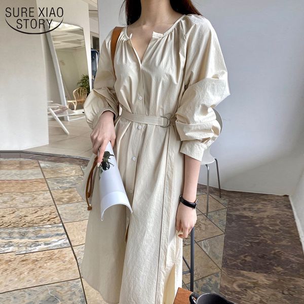 

vintage shirt women loose casaul dress spring fashion lace up buttons o-neck apricot long dresses robe femme 13285 210417, Black;gray