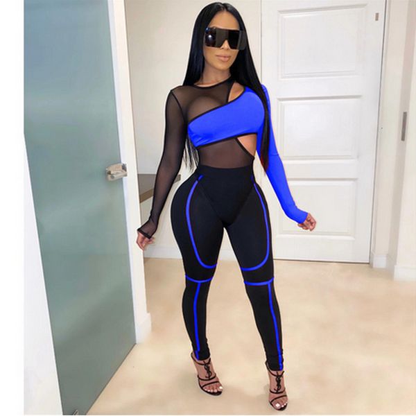 

women's tracksuits 2 piece set fluorescent color patchwork sheer mesh bandage jumpsuit hollow out long sleeve romper tracksuit club bod, Gray