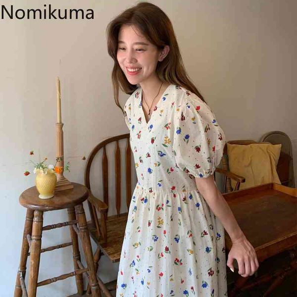 

nomikuma puff sleeve dress women chic v neck high waist flower pattern a line dresses female koran chic vestidos mujer 210514, Black;gray