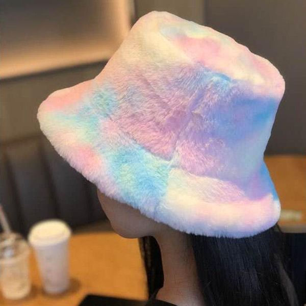 

wide brim hats winter tie dye print plush bucket for women girls outdoor warm hat soft velvet fisherman cap lady fashion panama gifts, Blue;gray