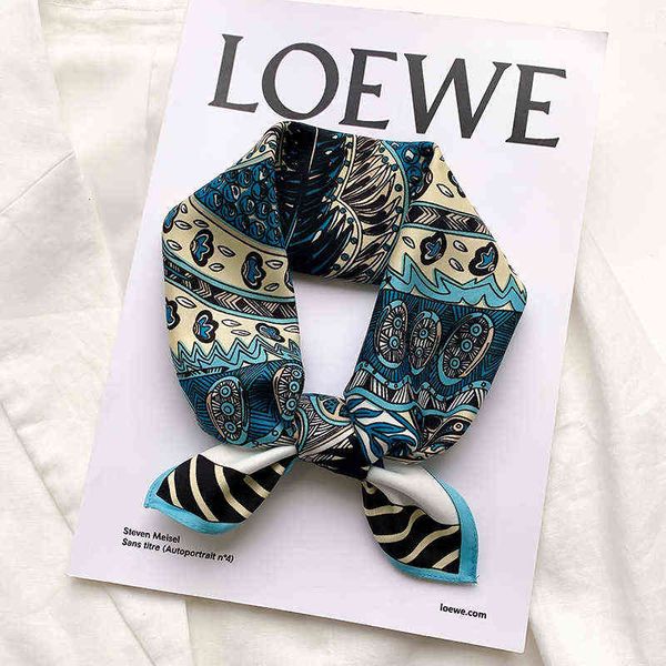 

scarves cashew nut color matching belt pattern 55cm silk small square plain decoration women's binding bag headscarf, Blue;gray