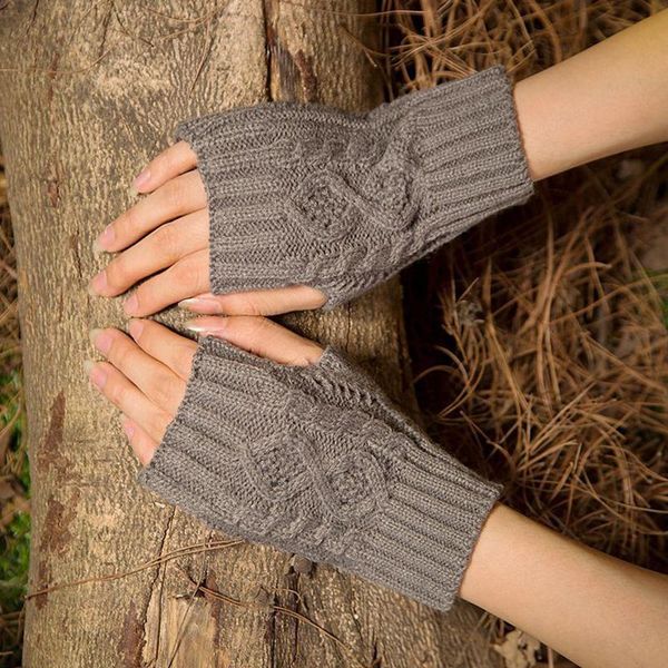

sports gloves women winter knit fingerless warm wool glove jacquard half-finger mittens elastic short wrist protector, Black