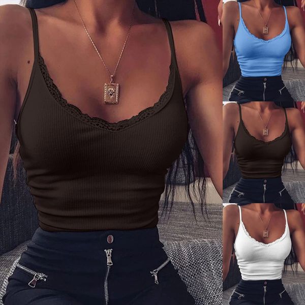 

casual suspender vest womens camis jersey solid color sleeveless lace splicing for women, White
