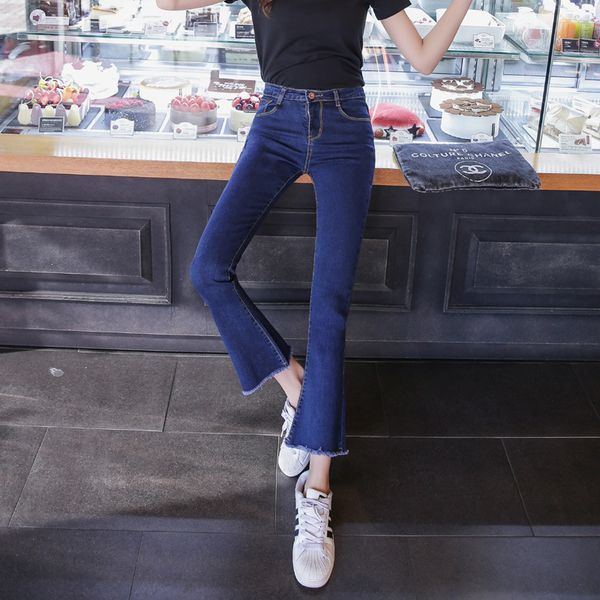 

women's jeans new high waist 9-point flared jeans elastic thin, burr edge micro-9-point pants, Blue