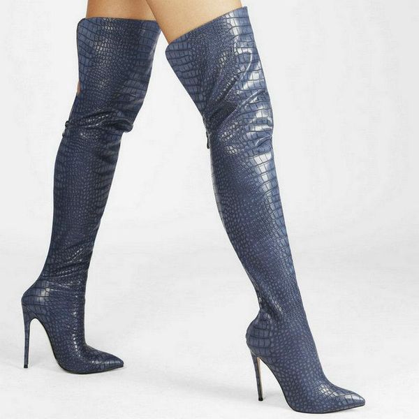 

boots 2021 women over the knee thin high heel pointed toe ladies thigh faux leather side zipper party, Black