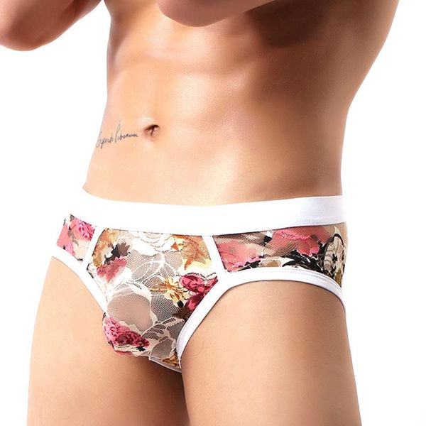 

underpants men flower print mesh transparent breathable boxer ultra-thin lace soft underwear shorts, Black;white