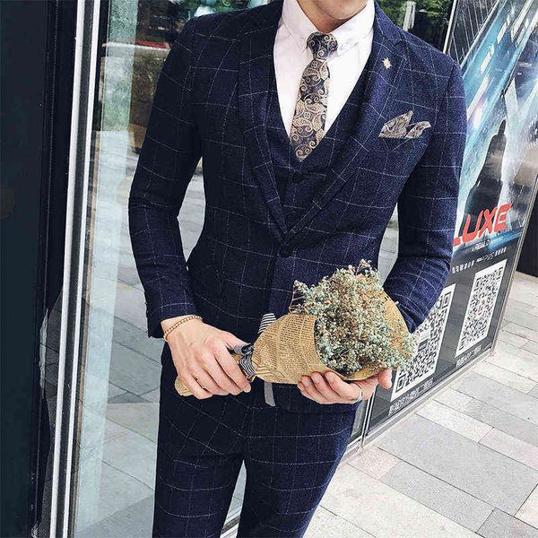 

luxury suits blaze suit men's korean version slim fit three piece suit lattice busins banquet man shadow, Black