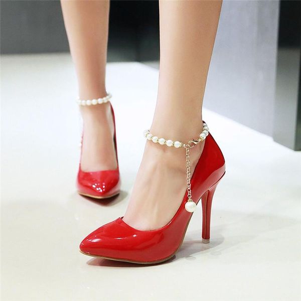 

dress shoes ymechic 2021 woman high heels pointed toe ankle strap pu patent leather string beading white wedding bride party pumps, Black
