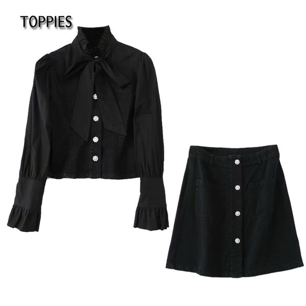 Toppies Vintage Siyah Denim Iki Parçalı Set Kadın Uzun Kollu Eklenmiş Jean Gömlek ve Etekler Elmas Düğme Etekler Streetwear 210412