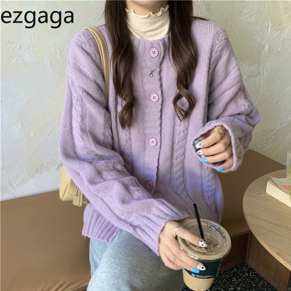 Ezgaga Maglione viola Donna Tender Outwear Allentato Vintage O-Collo Autunno Nuovo Cardigan lavorato a maglia Donna Solid Top Casual 210430