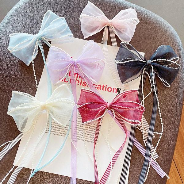 

hair accessories girls cute pearl edge ribbon chiffon bow hairpins kids sweet back decorate headband clip fashion, Slivery;white