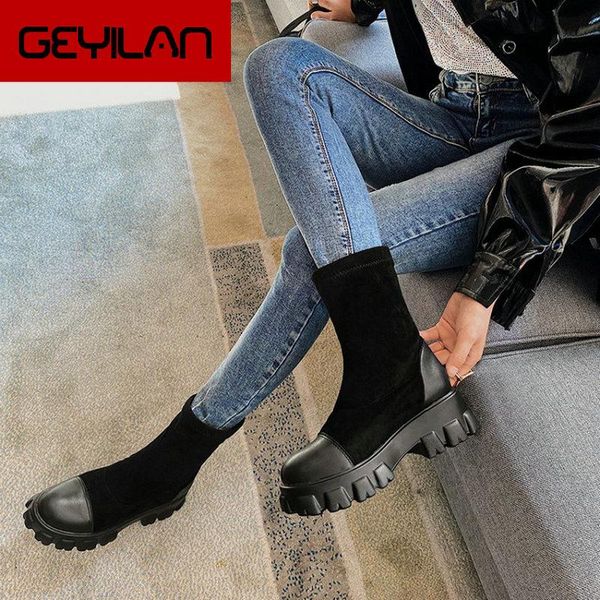 

boots 2021 winter autumn platform wedges heels woman's shoes extra big size 44 45 46 stretch socks booties womens slip-on goth, Black