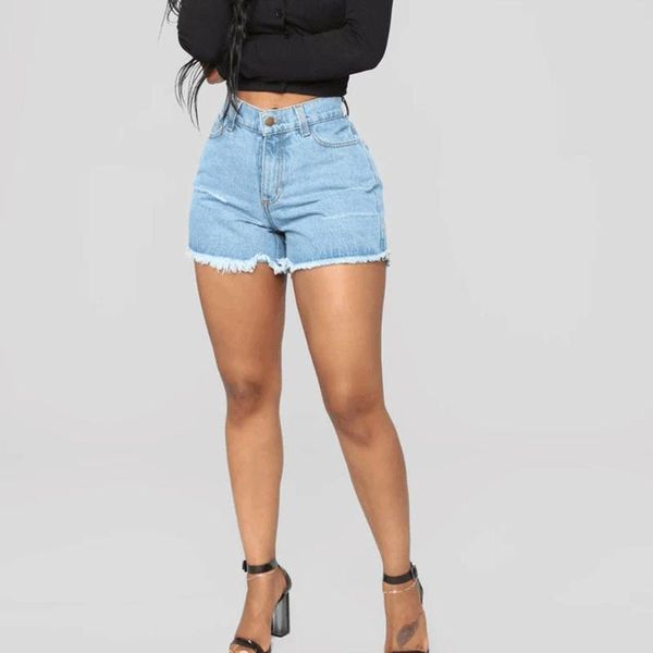 

women's jeans shorts women pants high waist denim hole beach #20, Blue