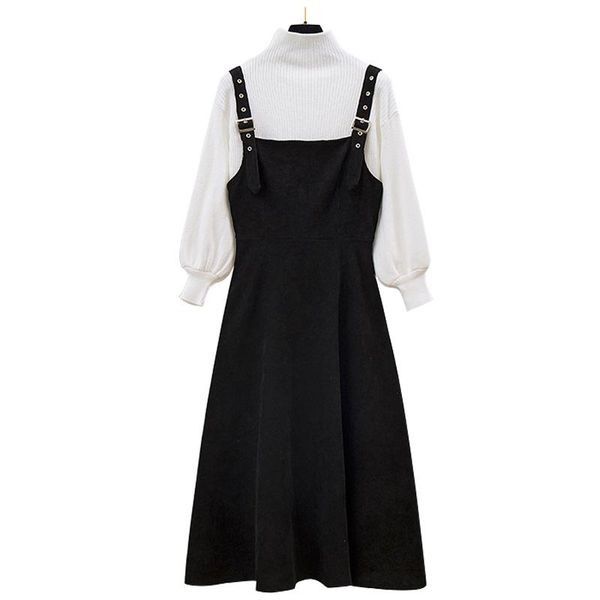 

two piece dress kintted turtleneck sweater elegant suit women pollover and strape set autumn winter warm matching, White