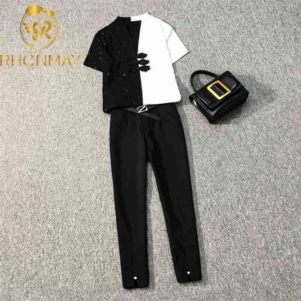 

fashion women summer patchwork short sleeve t-shirt + calf length pants 2 piece set elegant chiffon suit with belt 210506, White