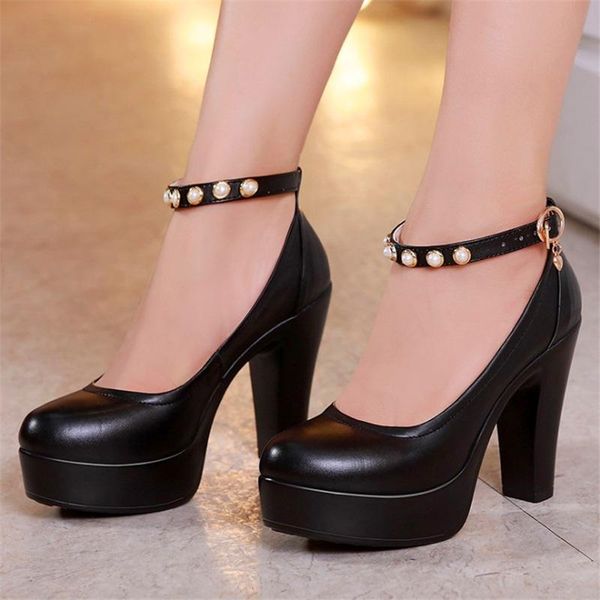

dress shoes women pumps 2021 wedding mary jane party ankle strap platform ladies thick heeled black white working