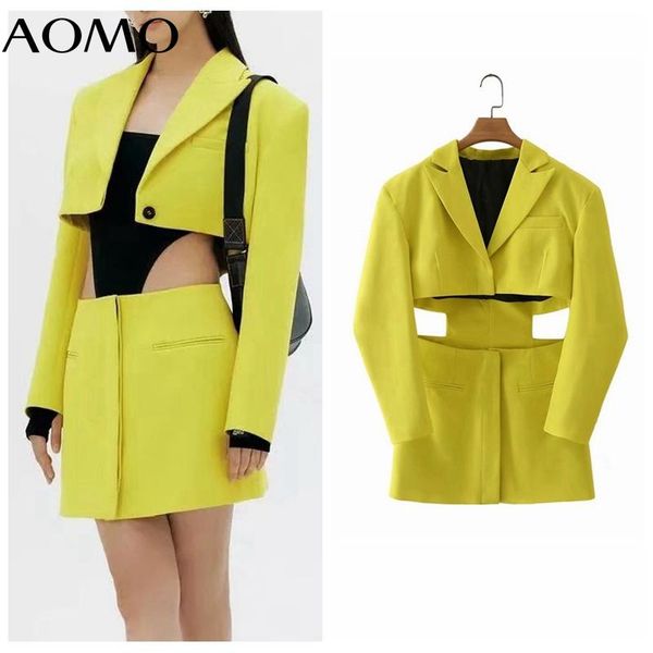 

women's suits & blazers aomo women solid yellow hollow out blazer coat vintage notched collar pocket 2021 fashion female chic 2j28, White;black
