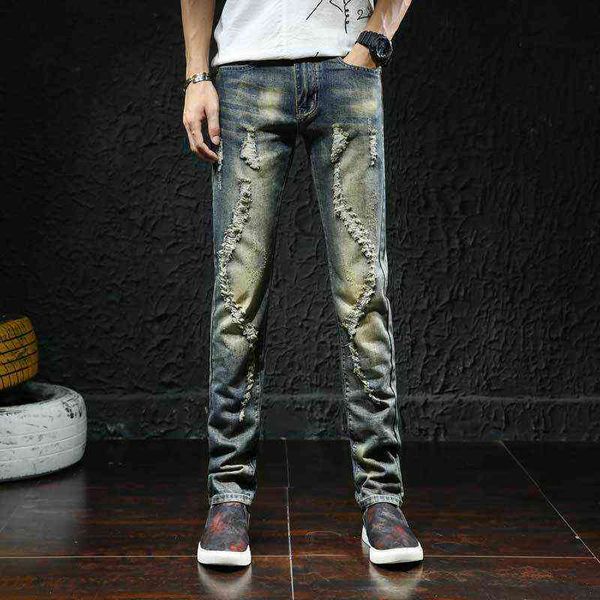 

men's jeans fashion jeans slim fit men's fashion personality hole large pants, Blue