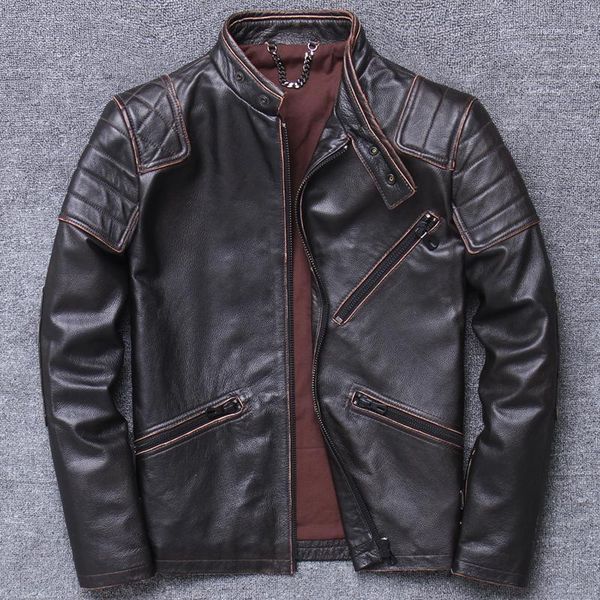 

men's leather & faux 2021 tide male locomotive jacket genuine clothing do used head layer cowhide wear self-cultivation, Black