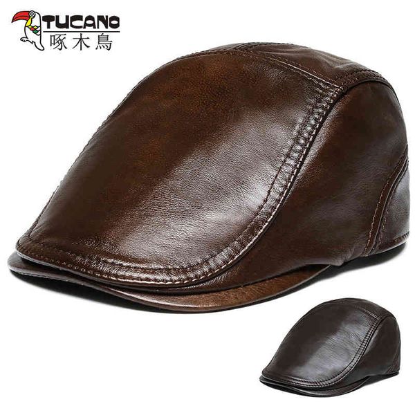 

brand caps woodpecker leather hat men's middle-aged and old people's warm head layer duck tongue winter man cowhide forward beret, Blue;gray