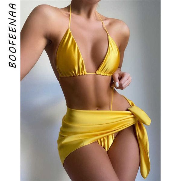 

swimwear boofeenaa satin swimsuit women 3 piece micro bikini set with mini skirts beach wear vacation outfits summer c83-be10, White;black