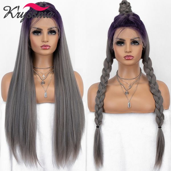 

lx brand purple grey long straight synthetic lace front wig u part lace wigs for women dark roots ombre braided lace wigs lolitafactory dire, Black