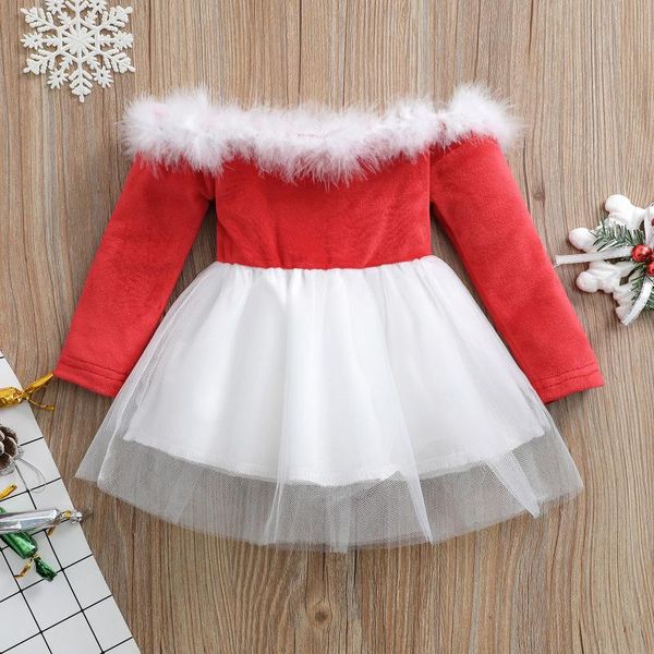 

girl's dresses toddler girl christmas one-neck dress strapless long-sleeved faux fur trim color block ballet skirt, Red;yellow