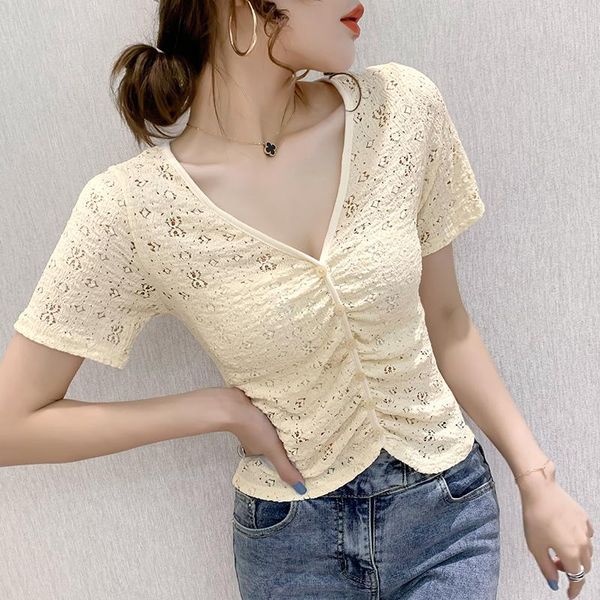 

women's t-shirt korean style summer retro hook flower hollow out women short sleeve slim v-neck breathable tshirt, White