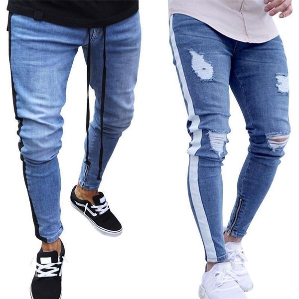 

fashion skinny jeans men 2021 stylish ripped pants biker slim straight frayed denim trousers clothes1, Blue